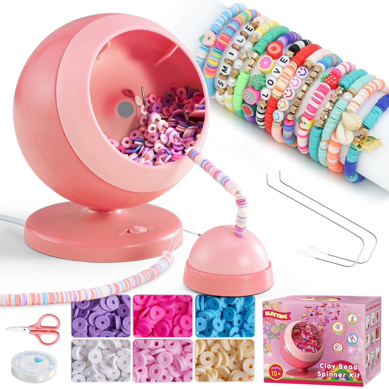 Electric Bead Spinner for Jewelry Making, Automatic Clay Beads for Cool Necklaces and Bracelets Maker, Beginner Bracelet Making Kit, DIY Arts and Crafts Birthday Gifts(Pink)